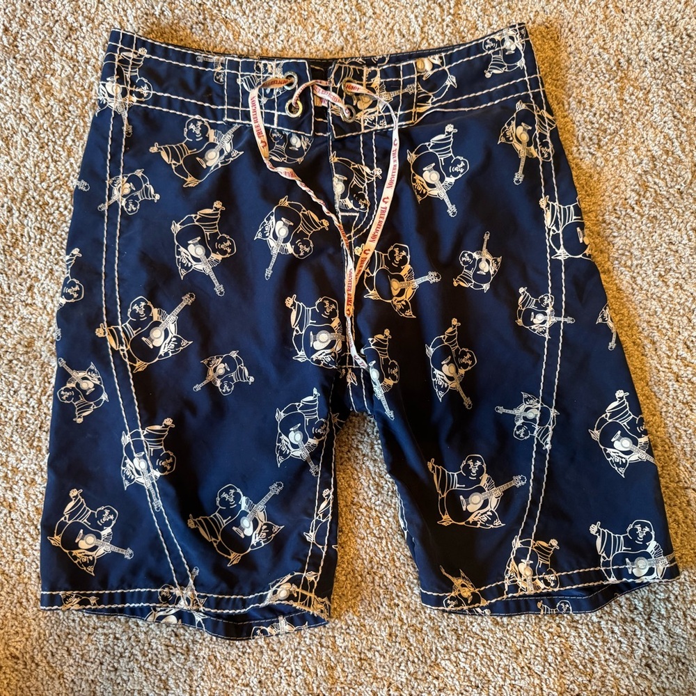 True Religion Navy and Cream Guitar Print Swim Shorts